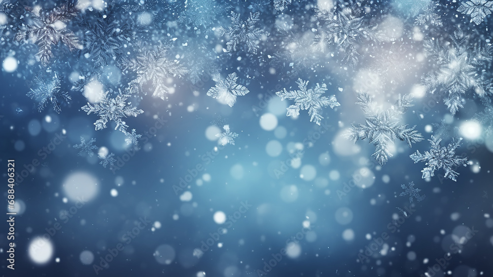 abstract blue snowflakes falling winter weather blurred background.
