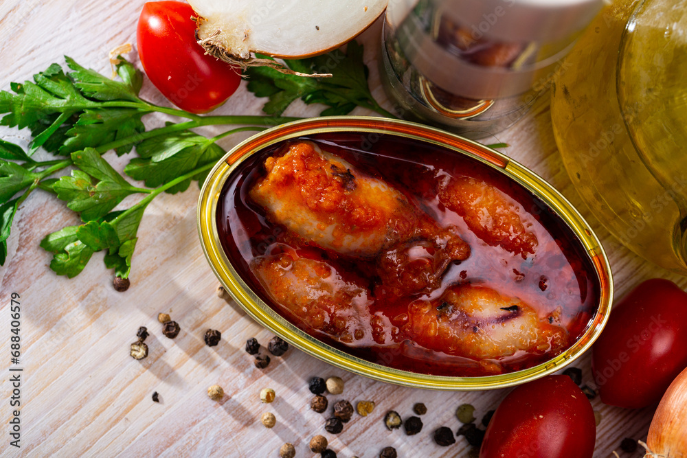Deliciously tinned stuffed squid in American sauce on background with
