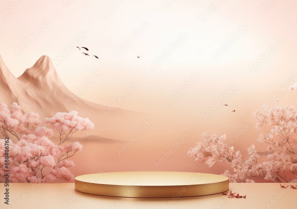 Realistic 3D render blank empty pastel pink podium with cherry blossom flower bouquet and blowing white curtain. Beauty products display, Backdrop Realistic 3D render blank empty pastel pink podium with cherry blossom flower bouquet and blowing white curtain. Beauty products display, Backdrop