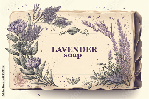Lavender bar soap Packaging design. Vintage soap label template with silhouette lavander. Cosmetic Lavender Soap With Lavender Flowers Vector Illustration photo