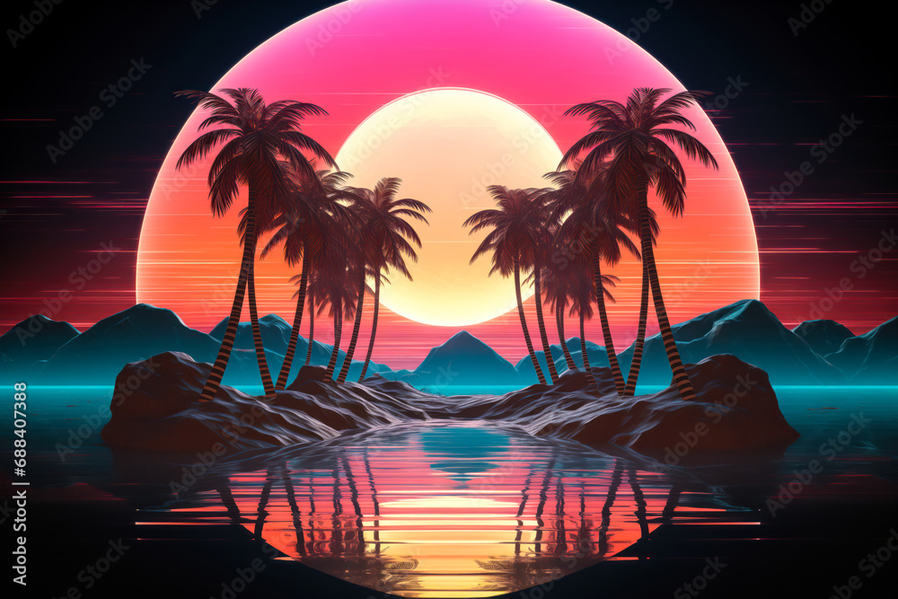 Retro synthwave vaporwave cyberpunk aesthetic landscape with tropical palm trees and sun, dark, 1980s 1990s