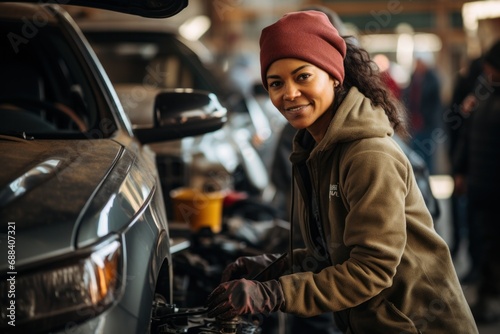Confident Female Mechanic Working in Auto Repair Shop 
