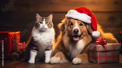 Cat and dog under a christmas tree in a red Santa Claus hat and boxes of gifts.