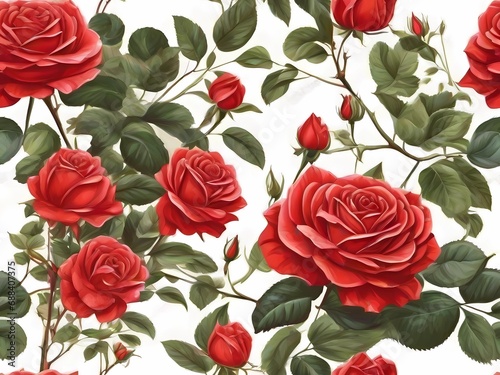 beautiful red rose flowers in the garden, sunlight, detailed illustration, colored illustration