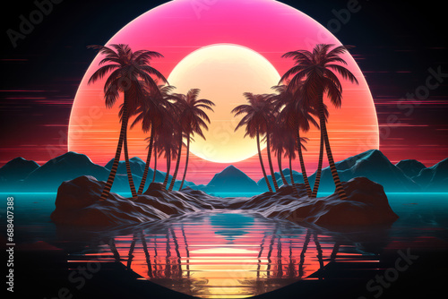 Retro synthwave vaporwave cyberpunk aesthetic landscape with tropical palm trees and sun, dark, 1980s 1990s photo
