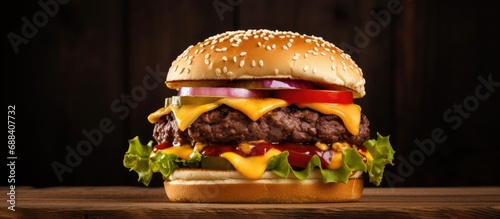 Triple cheddar cheese burger on wooden table.