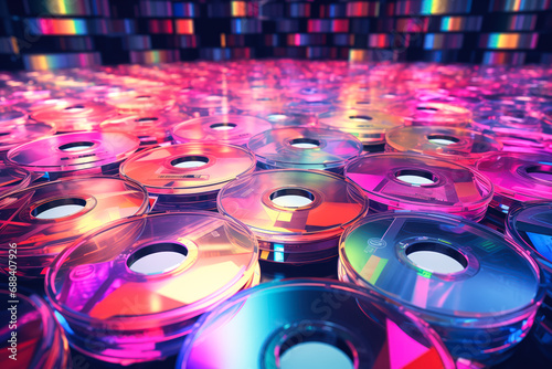 Piles of CDs, 1990s aesthetic, retro nostalgia, old vintage technology, background