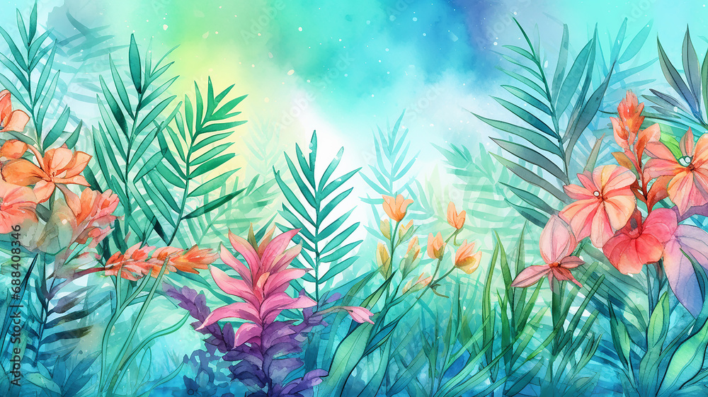 abstract summer watercolor background flowers landscape vacation. - obrazy, fototapety, plakaty 