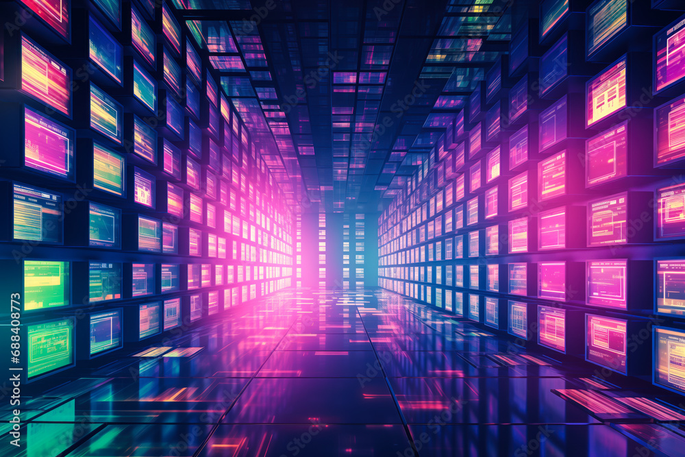 Hallway of computer screens in neon colors background, cyberpunk, retro Hallway of computer screens in neon colors background, cyberpunk, retro