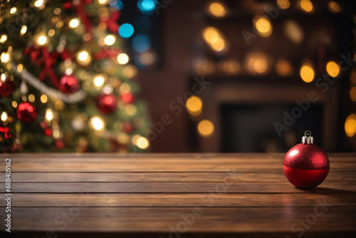 Empty wooden table with christmas decoration theme in blurry background 