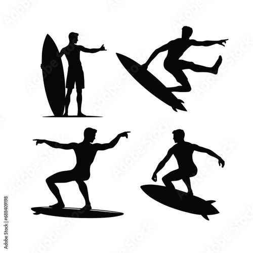 A set of surfer silhouettes. Silhouette of man surfing with his surfboard. Design with isolated white background
