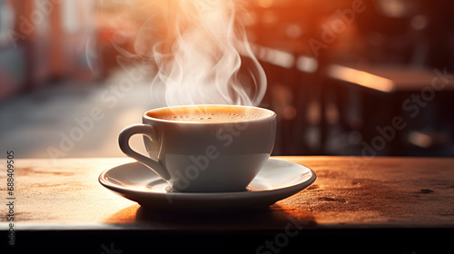Ceramic Coffee Mug on Table with Steam