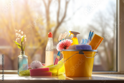Bucket with cleaning products on the window, springtime