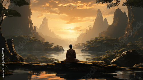 Meditating Man overlooking Scenic View © Yerjung