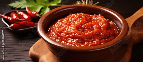 Spicy red sauce made by mixing rice, rice cake powder, or rice/barley porridge with soybean paste, red pepper powder, and salt. photo