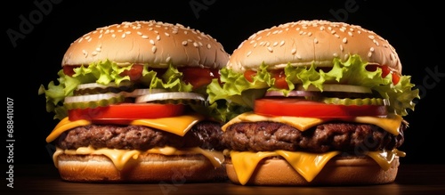 Two hefty cheeseburgers with American cheese, lettuce, tomato, and onion.