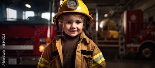 Dreamed profession of a cute boy in fire station with fire truck, dressed as a firefighter.