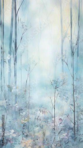 high  narrow  simple background watercolor drawing forest in the jungle in the rainy season