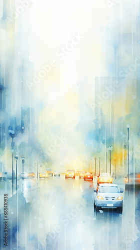 high, narrow simple watercolor background, traffic in the city cars in gray light and blue tones