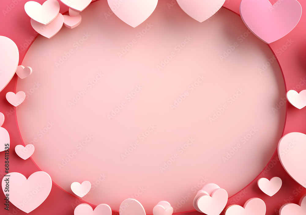 Valentines day background with pink hearts and round frame. 3d rendering