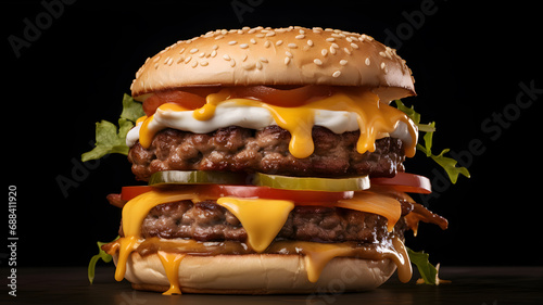 Close-up of hamburger with cheese and vegetables on a black background. AI Generative