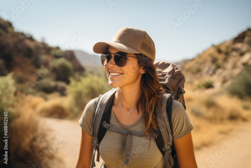 Joyful Female Hiker Enjoying the Sunny Trail Outdoors
