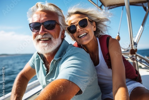 A happy mature man and a woman are relaxing on a yacht at sea. The concept of an active lifestyle in old age. © Alexandr