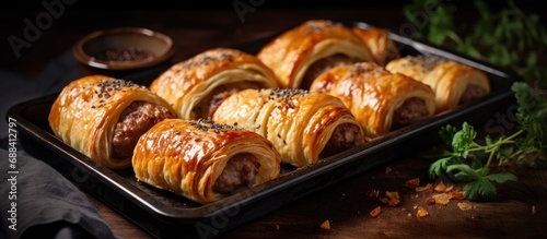 Newly made sausage rolls with puff pastry cooling on a tray photo