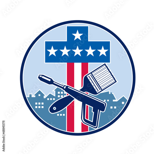 Retro style illustration of an American stars and stripes cross with crossed paint brush and pressure washer wand set inside circle with residential houses on isolated background.
