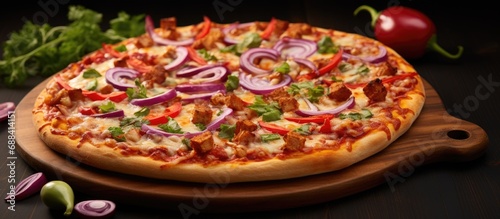 Tasty pizza with butter chicken and toppings of red pepper  red onion  and cilantro.