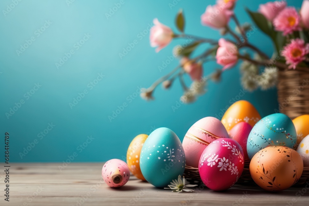 Colorful Easter eggs on a wooden table against a light blue themed backdrop.