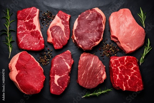 Set of different raw steaks, top view, isolated on black