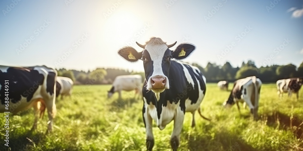 Cows on a green field at a sunny day