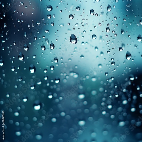Water drops, raindrops on glass with blue bokeh background, abstract texture