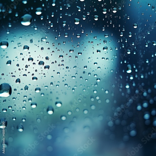 Water drops  raindrops on glass with blue bokeh background  abstract texture