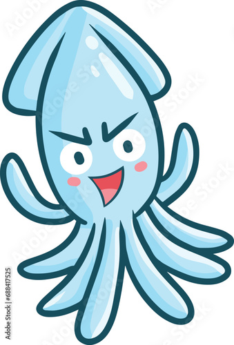 Cute and funny light blue squid character laughing happily