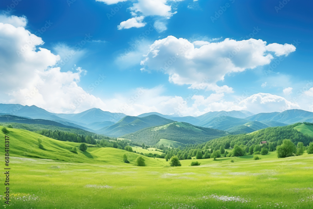 Panorama view of beautiful green meadow and rolling hills with beautiful clear sky. Mountain landscape.