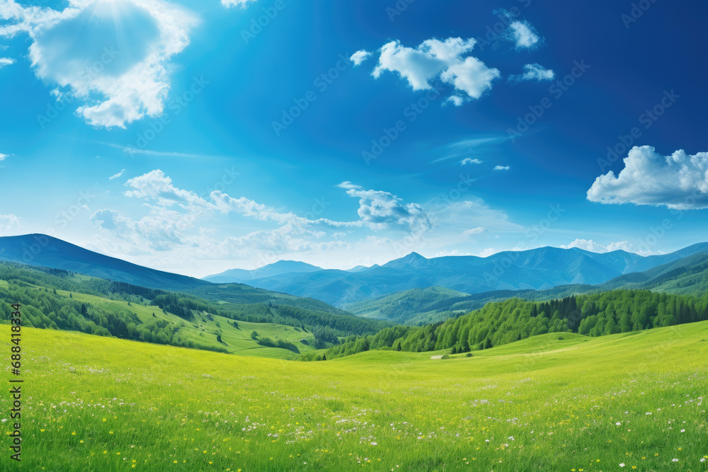 Panorama view of beautiful green meadow and rolling hills with beautiful clear sky. Mountain landscape.