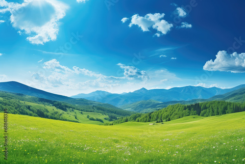 Panorama view of beautiful green meadow and rolling hills with beautiful clear sky. Mountain landscape. © TANATPON