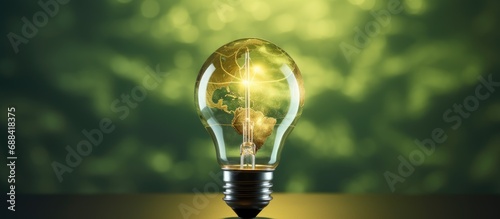Green energy represented by a world map on a light bulb symbolizes sustainable renewable energy and environmental protection.