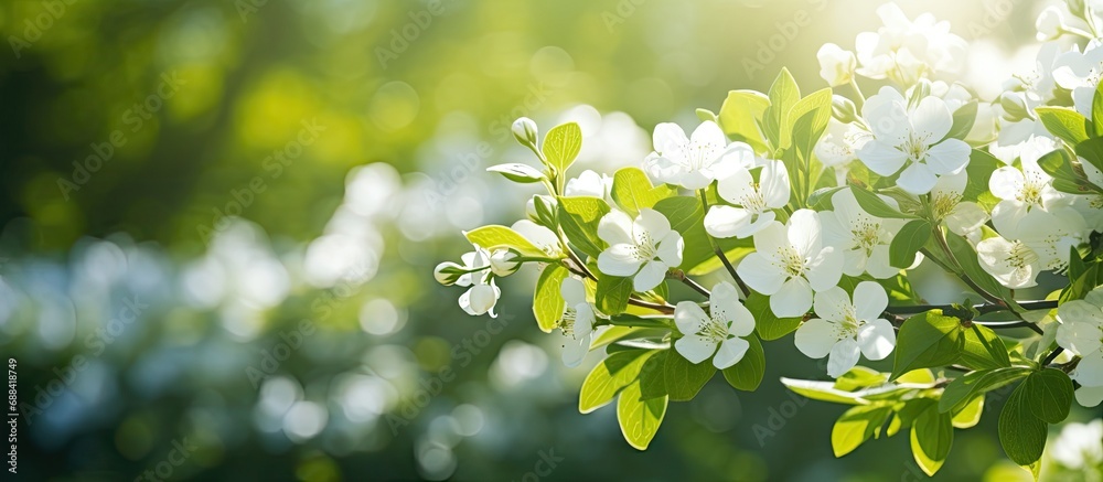 The white flowers are blooming beautifully in a green, open and sunny environment.