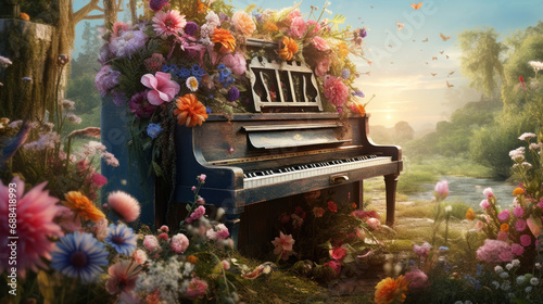 Piano and flowers in the garden. Vintage style photo. Digital painting.