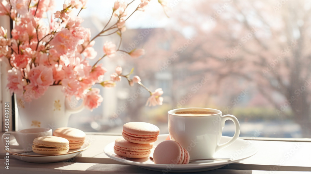 Cup of coffee and macaroons on windowsill with spring flowers - obrazy, fototapety, plakaty 