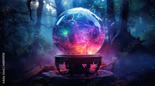 Magic crystal ball in the fantasy forest. photo