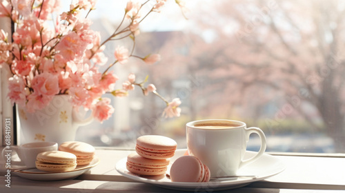 Cup of coffee and macaroons on windowsill with spring flowers #688419131