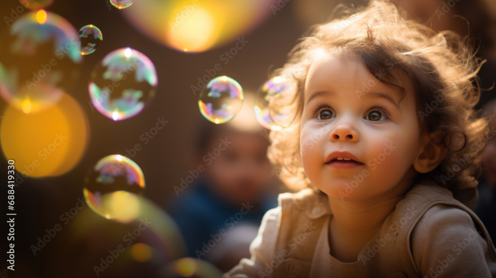 Cute little girl playing with soap bubbles on a sunny day.