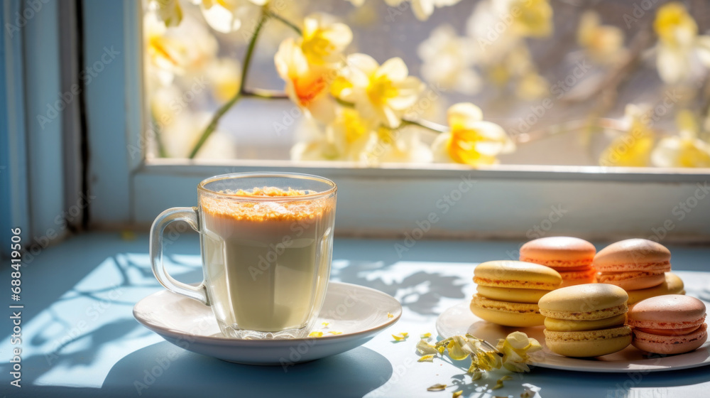 Cup of coffee with macaroons and spring flowers on windowsill