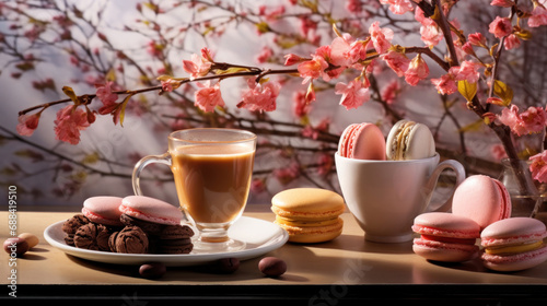 Cup of coffee with macaroons and cherry blossom branch
