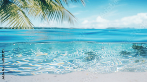 Tropical beach with palm leaf and sea water. Summer background