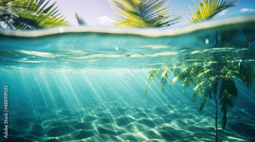 Underwater view of palm trees and sea water surface under sunlight.